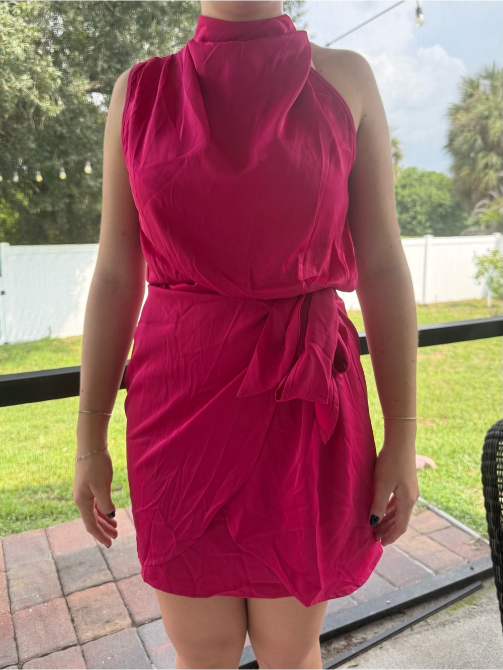 High-Neck Sleeveless Tie-Waist Mini Dress in Fuchsia